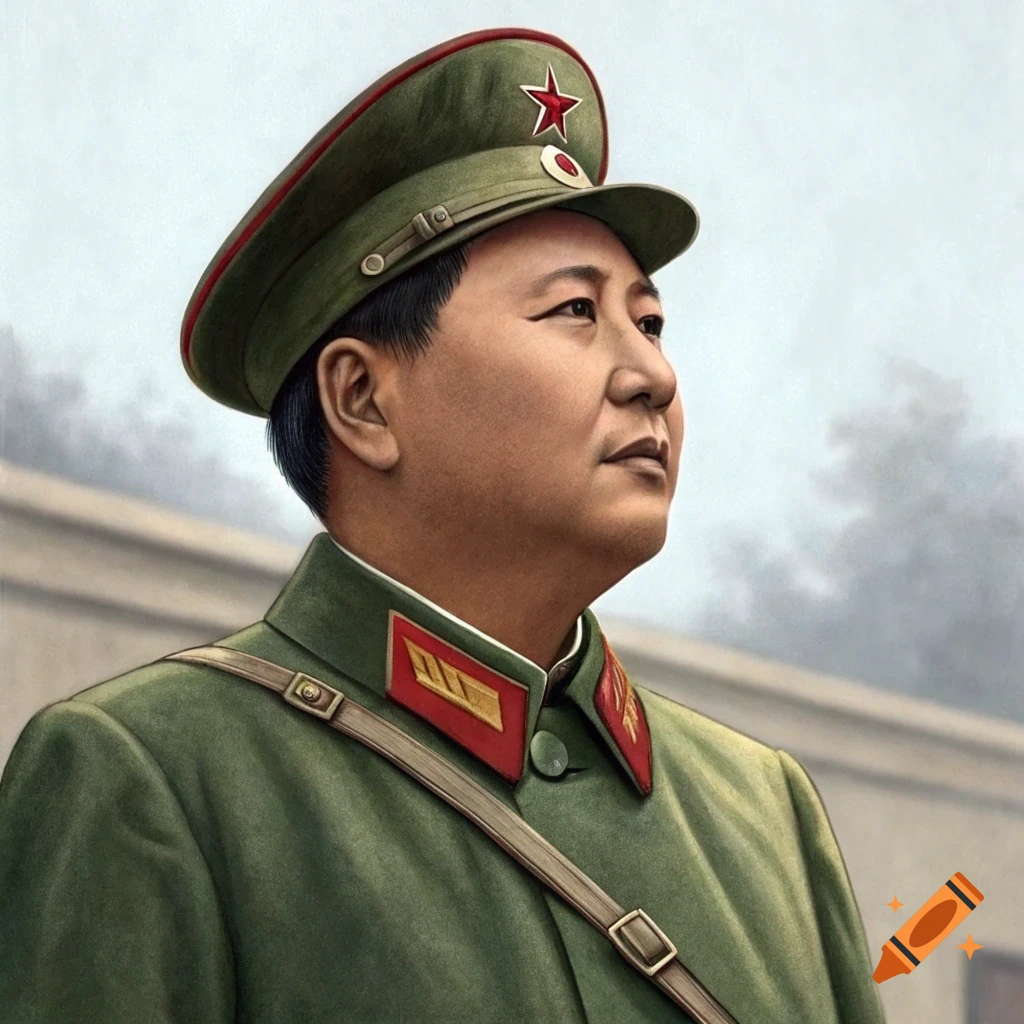 Portrait of a man in a green military uniform and cap, resembling Mao Zedong, looking thoughtfully to the right in a painted style.