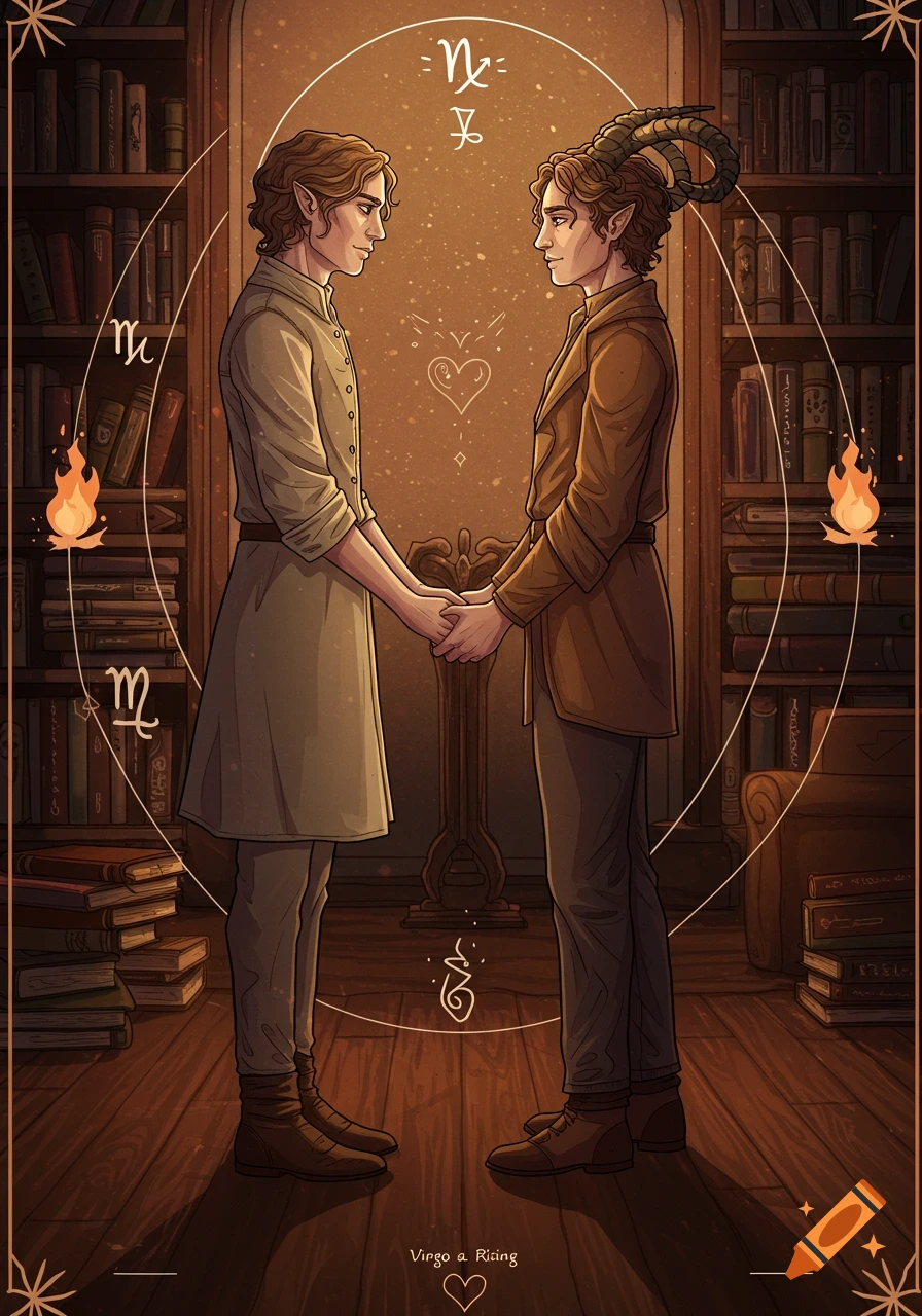 Two fantasy figures with pointed ears and one with horns hold hands in a magical library with astrological symbols, in a symbolic art style.