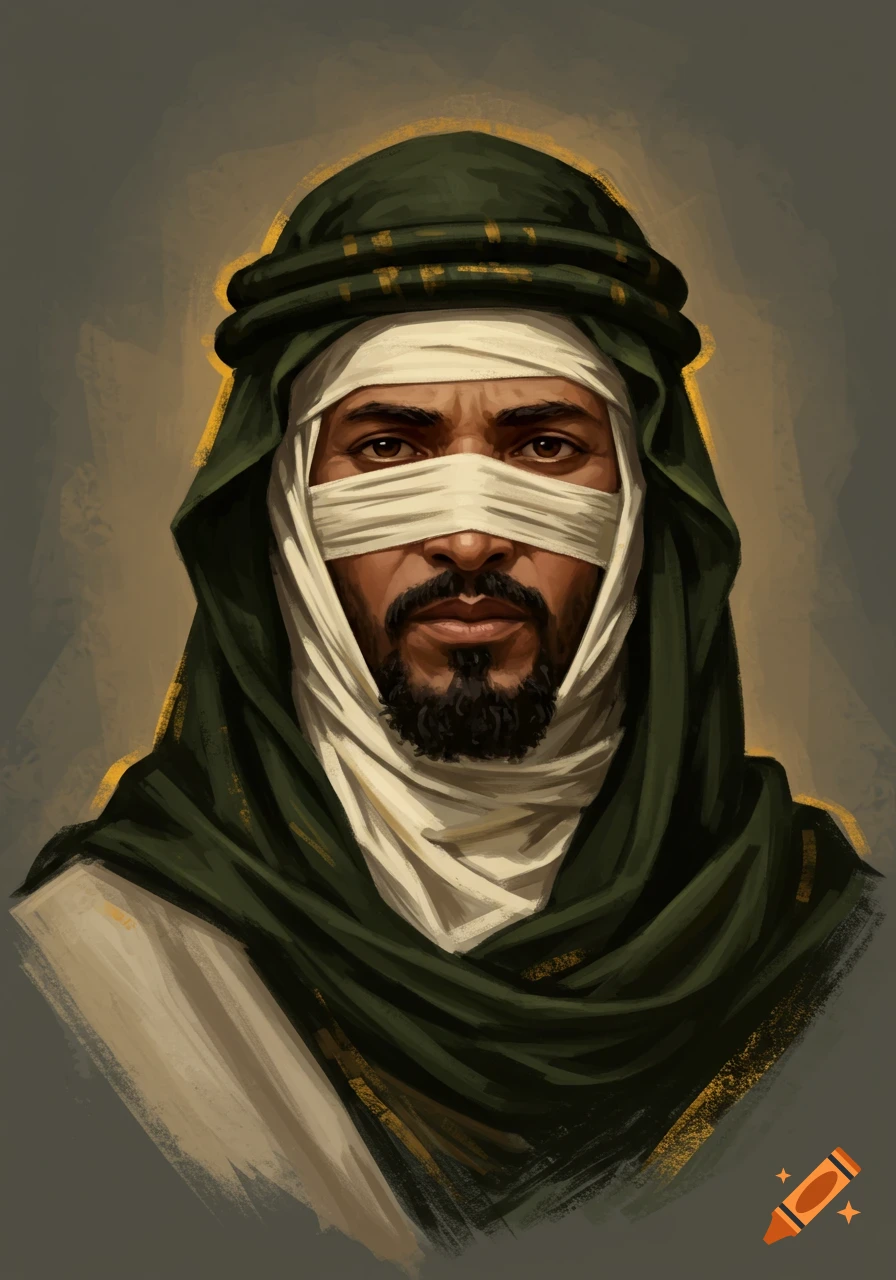 A painterly portrait of a Bedouin man with a dark olive green headwrap and cream bandages over his eyes, with golden accents.