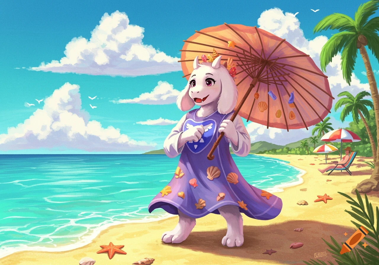 Toriel from Undertale stands on a sunny beach, holding a parasol, with ocean and palm trees in a cartoon style.