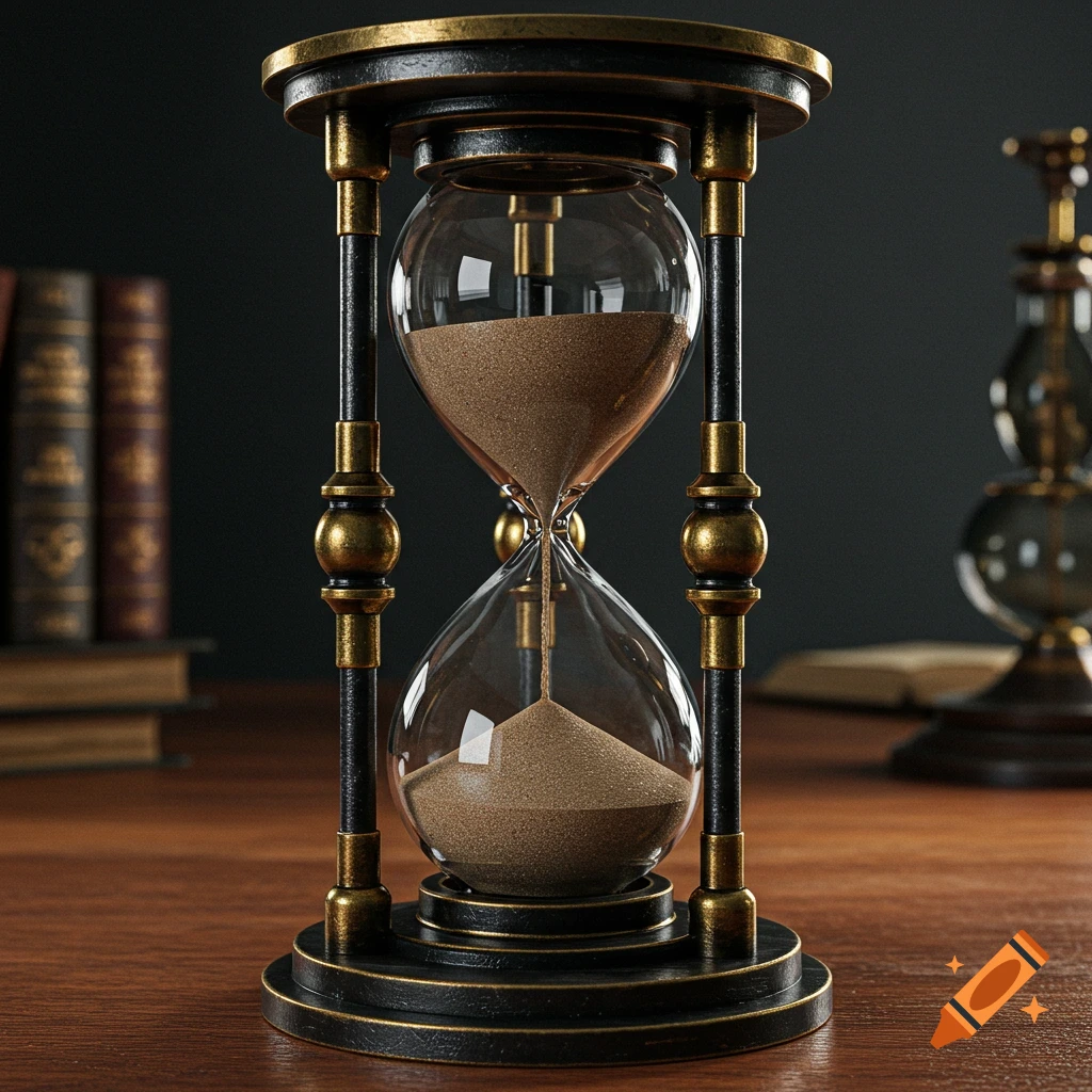 Photorealistic steampunk hourglass on a wooden table, dark metal and brass, sand flowing, with blurred books in the background.