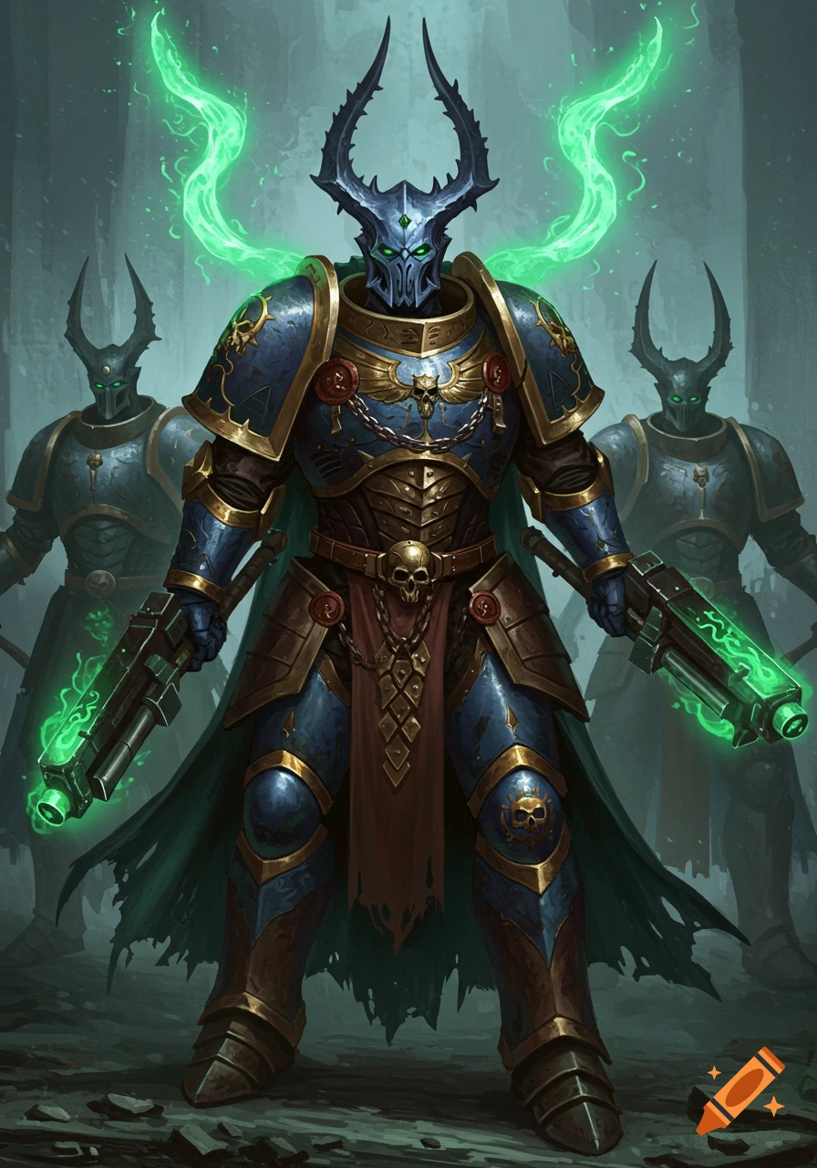 A heavily armored futuristic warrior in blue and gold armor with a horned helmet and glowing green weapons stands flanked by two similar figures.