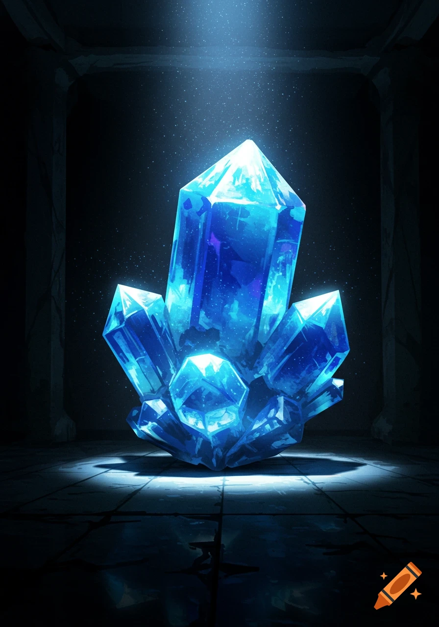 A large, glowing blue crystal stands illuminated by a beam of light in a dark, mysterious room.