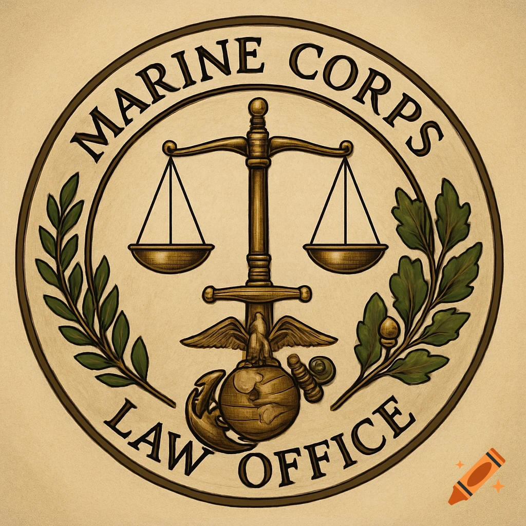 A circular logo for the Marine Corps Law Office, featuring a scale of justice, an eagle, globe, and anchor.