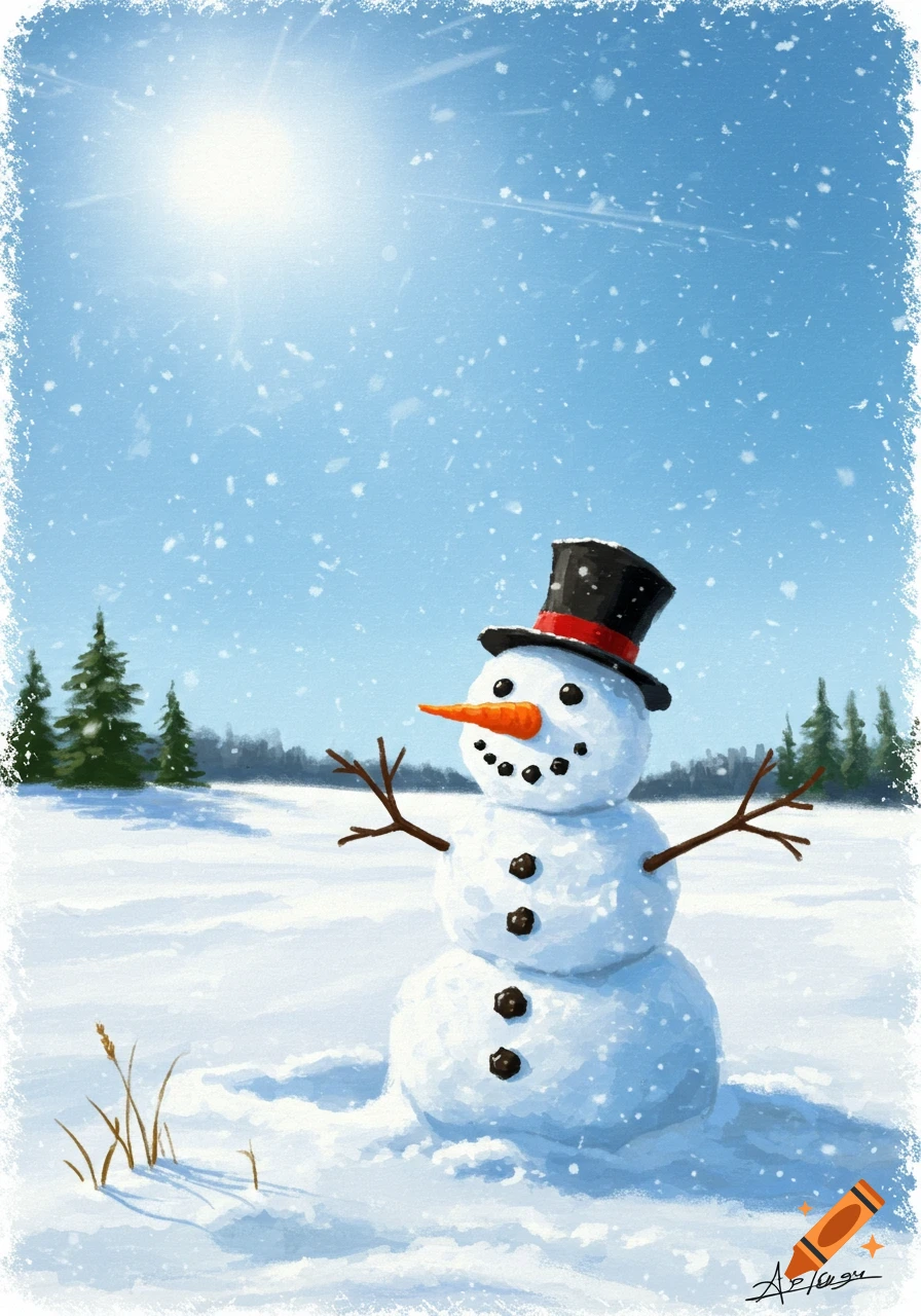 A happy snowman wearing a black top hat with a red band stands in a snowy field under a bright sun with falling snow. Evergreen trees are in the background. Illustrated style.