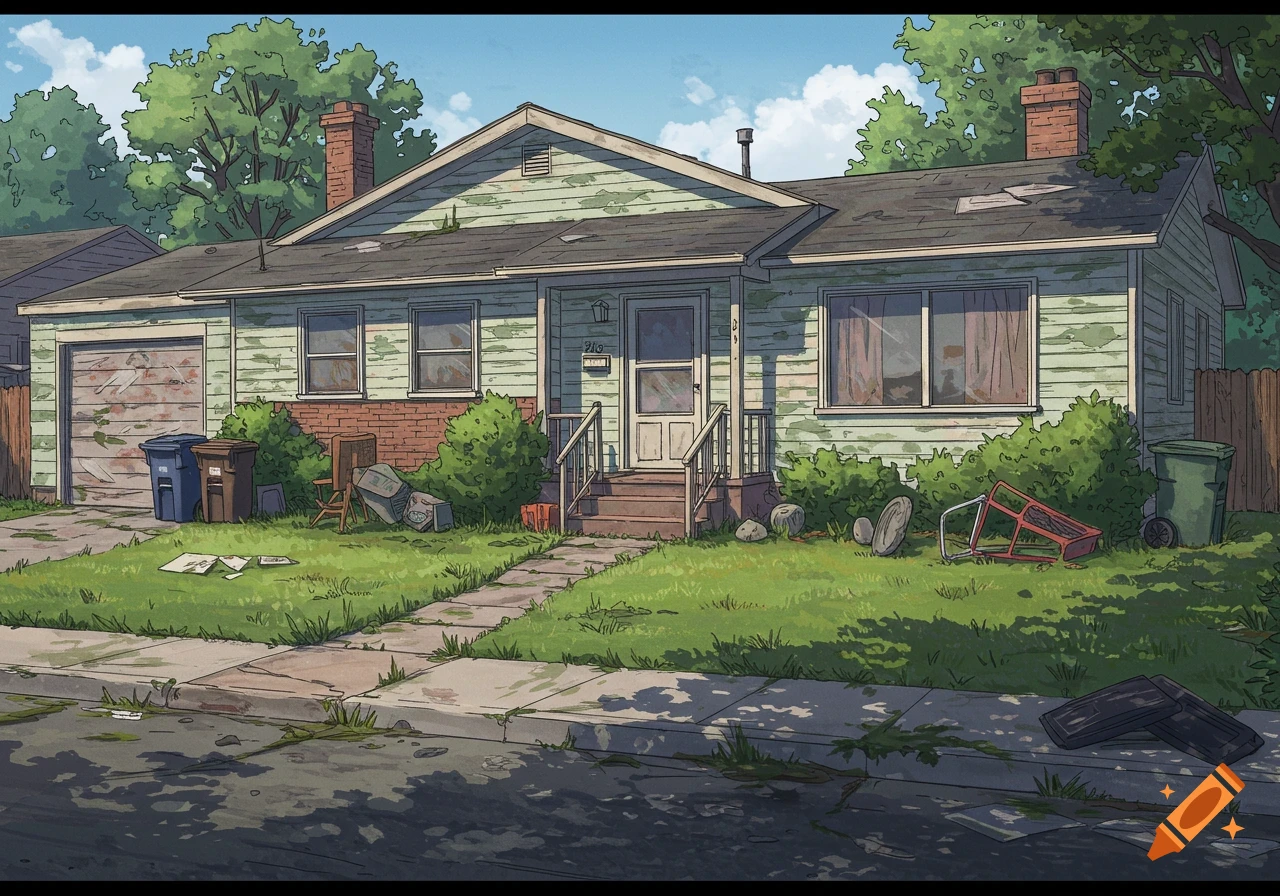 A rundown, neglected suburban house with peeling paint, overgrown grass, and scattered trash in a detailed illustration style.