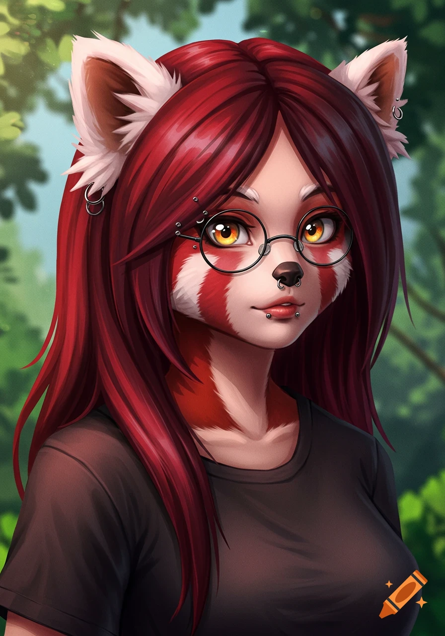 An anime-style portrait of an anthropomorphic red panda girl with long red hair, glasses, and face piercings, standing outdoors.