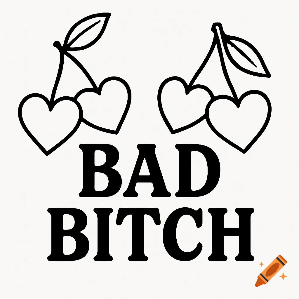 Black outline illustration of two pairs of cherries with heart-shaped fruits and the text 'BAD BITCH'.