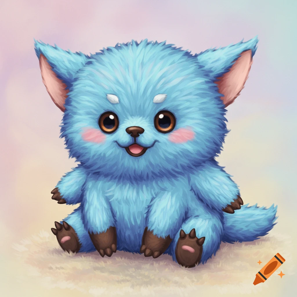 A fluffy, bright blue plushie-like creature with big brown eyes, pink blush, and brown paws sits on a light background.