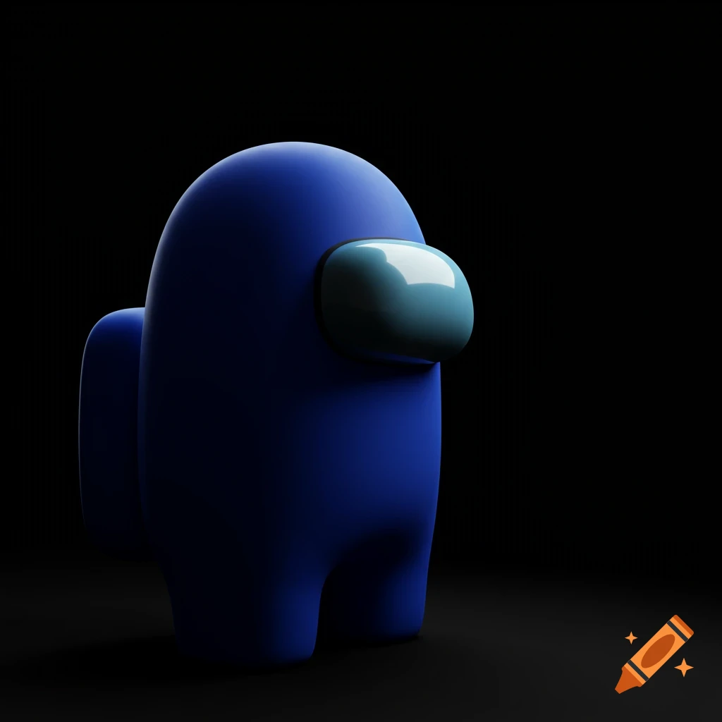 A blue Among Us character with a shiny visor stands in a dark setting, casting a shadow, looking left.