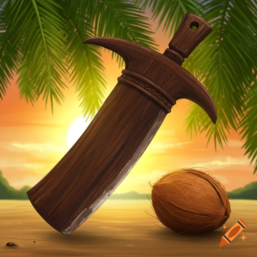 A wooden coconut husking tool and a coconut on a surface, with a tropical sunset and palm trees in the background.