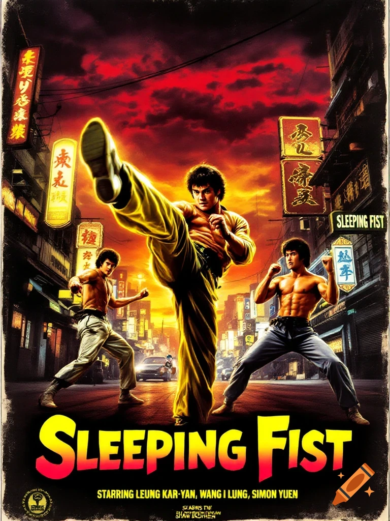 Retro kung fu movie poster for "Sleeping Fist" with three martial artists in dynamic poses on a vibrant Hong Kong street at dusk.