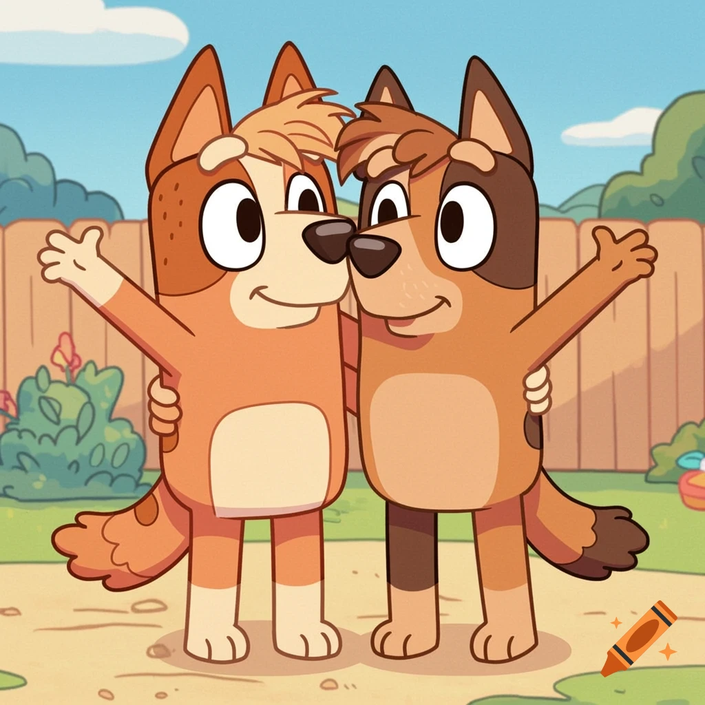 Two animated dogs, resembling Bluey characters, smile and embrace in a sunny backyard with a wooden fence.