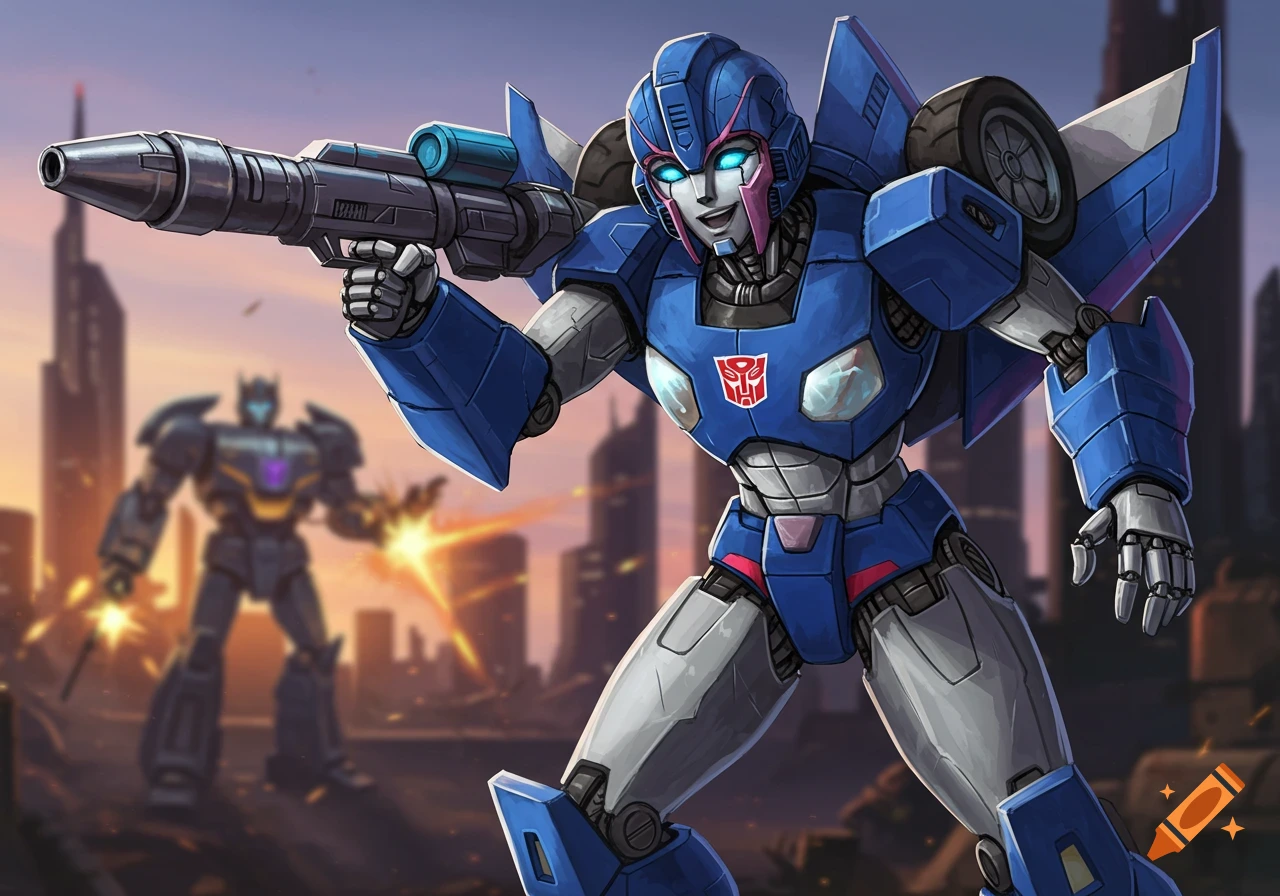 Blue and pink Autobot Arcee holds a rifle, standing in a futuristic city battle with another robot.