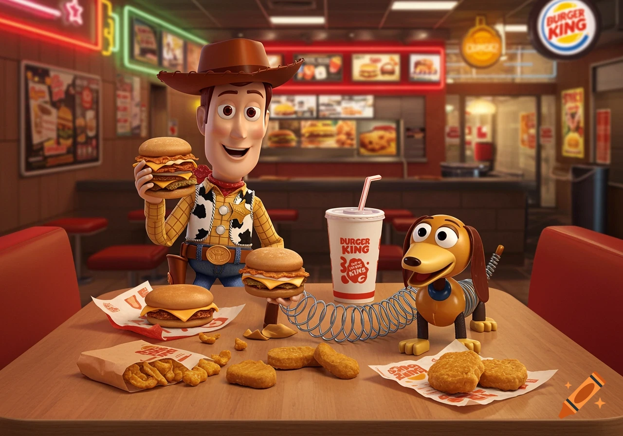 Woody and Slinky Dog eat fast food at Burger King, Woody holds a burger in this CGI animation.