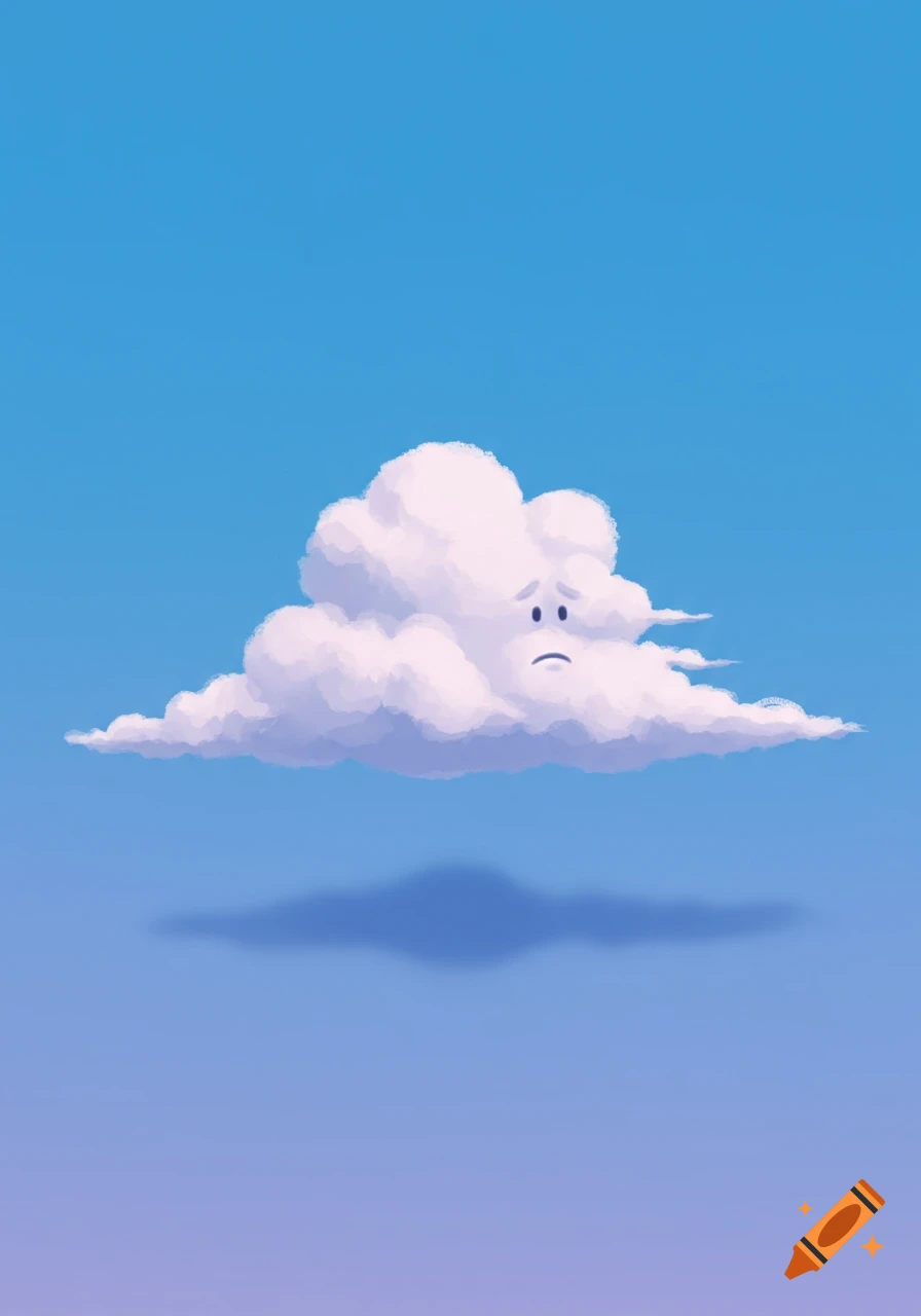 A sad, animated white cloud floats in a clear blue sky, casting a shadow below.