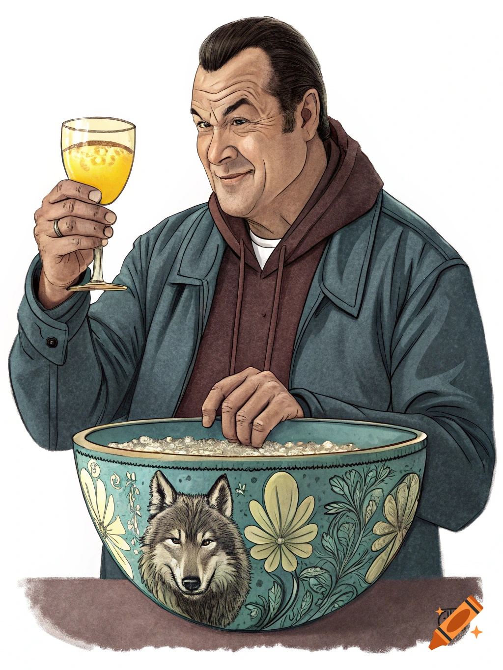 Caricature of Steven Seagal holding a yellow drink and standing next to a teal bowl decorated with a wolf head.
