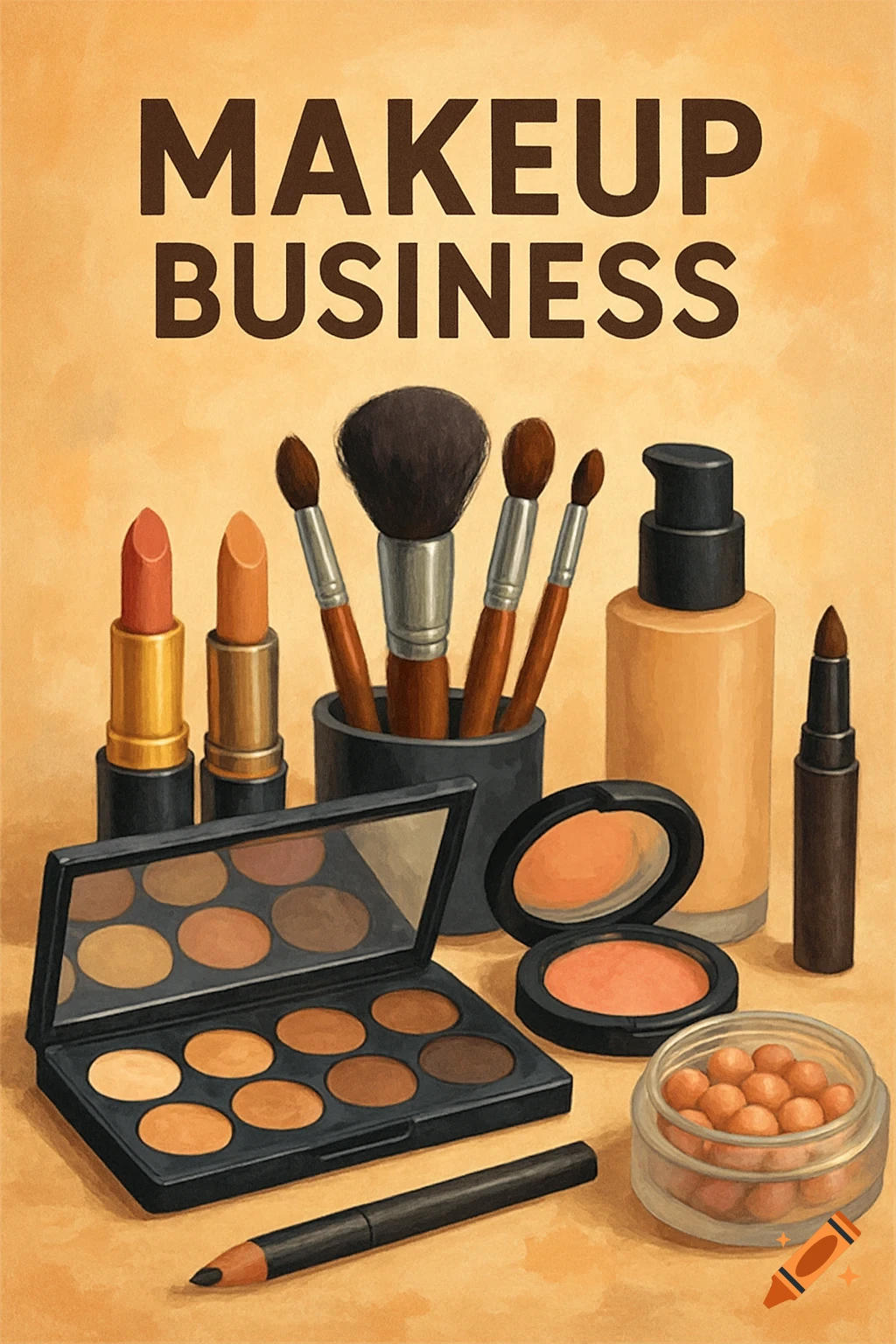 An illustration of various makeup products including lipsticks, brushes, foundation, eyeshadow palette, and blush, with the text 'MAKEUP BUSINESS' at the top.