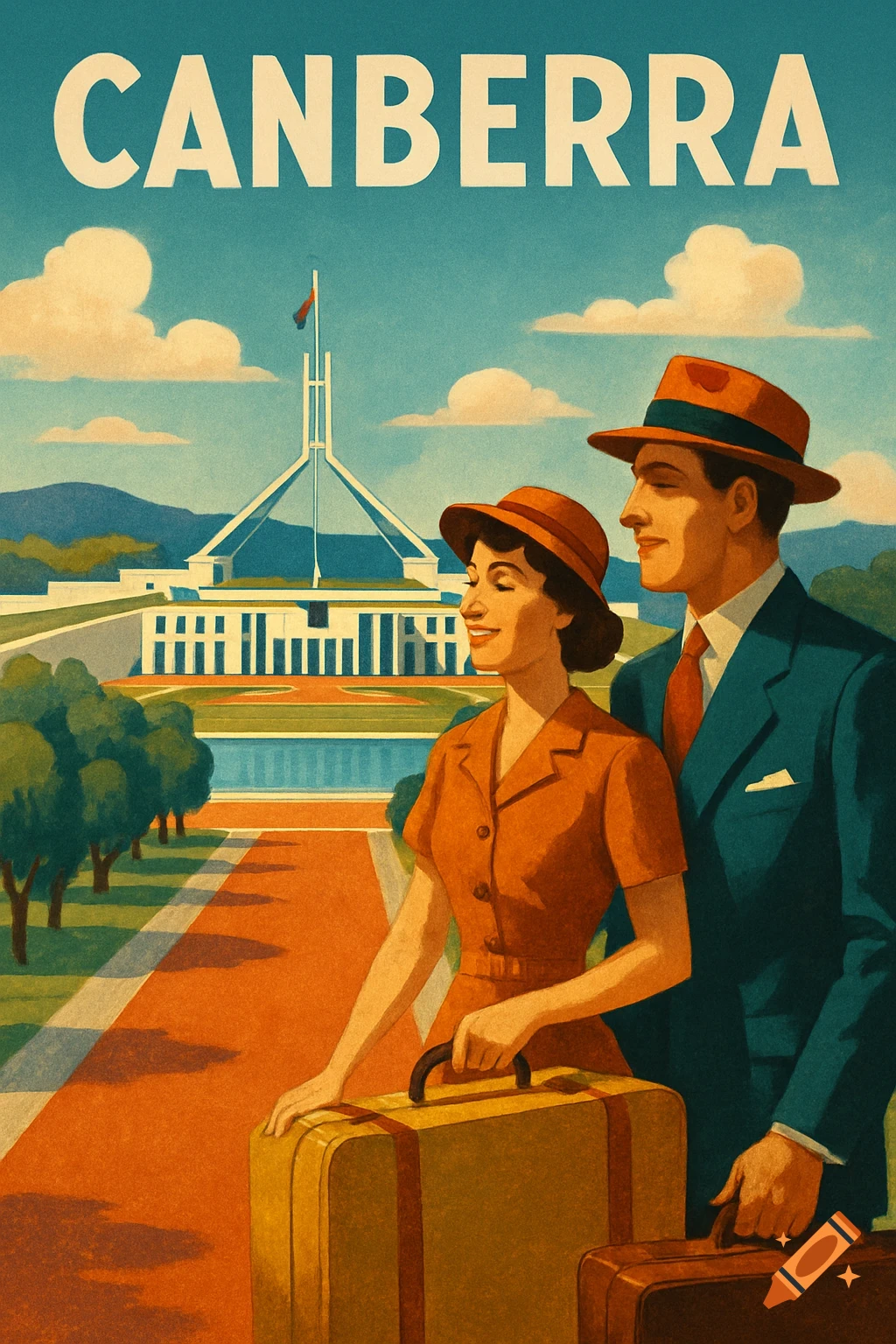 A retro travel poster showing a man and woman with suitcases in front of Canberra's Parliament House, with 'CANBERRA' at the top.