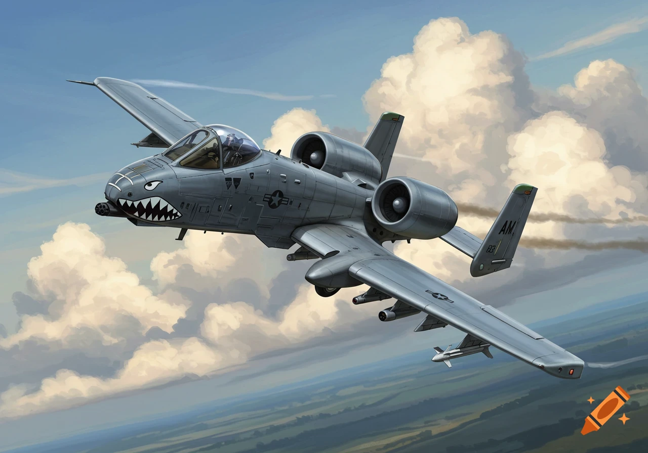 A gray A-10 Warthog aircraft with a shark mouth nose art flies through a cloudy sky above green fields.