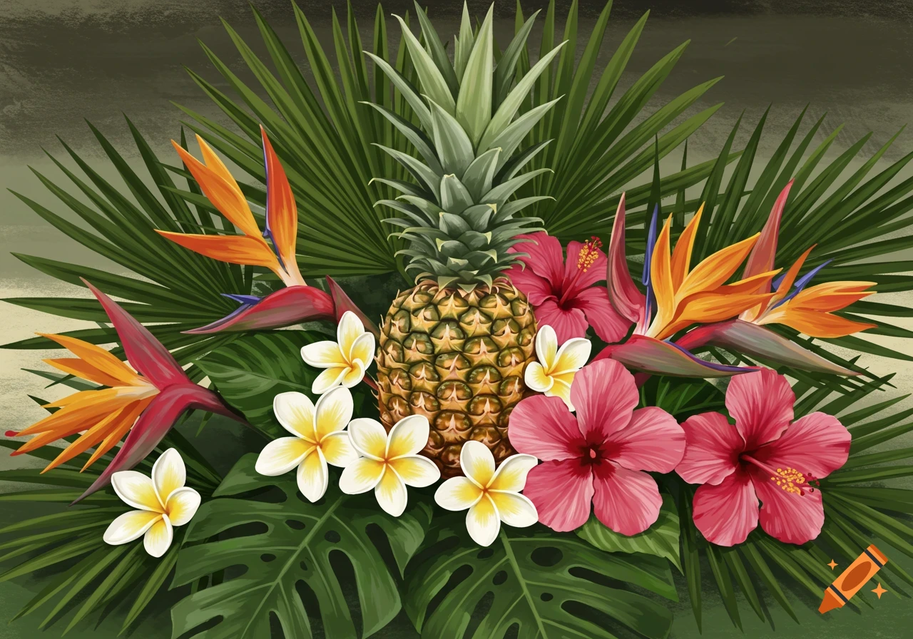 Vibrant illustration of a pineapple surrounded by tropical leaves, birds of paradise, hibiscus, and plumeria flowers.