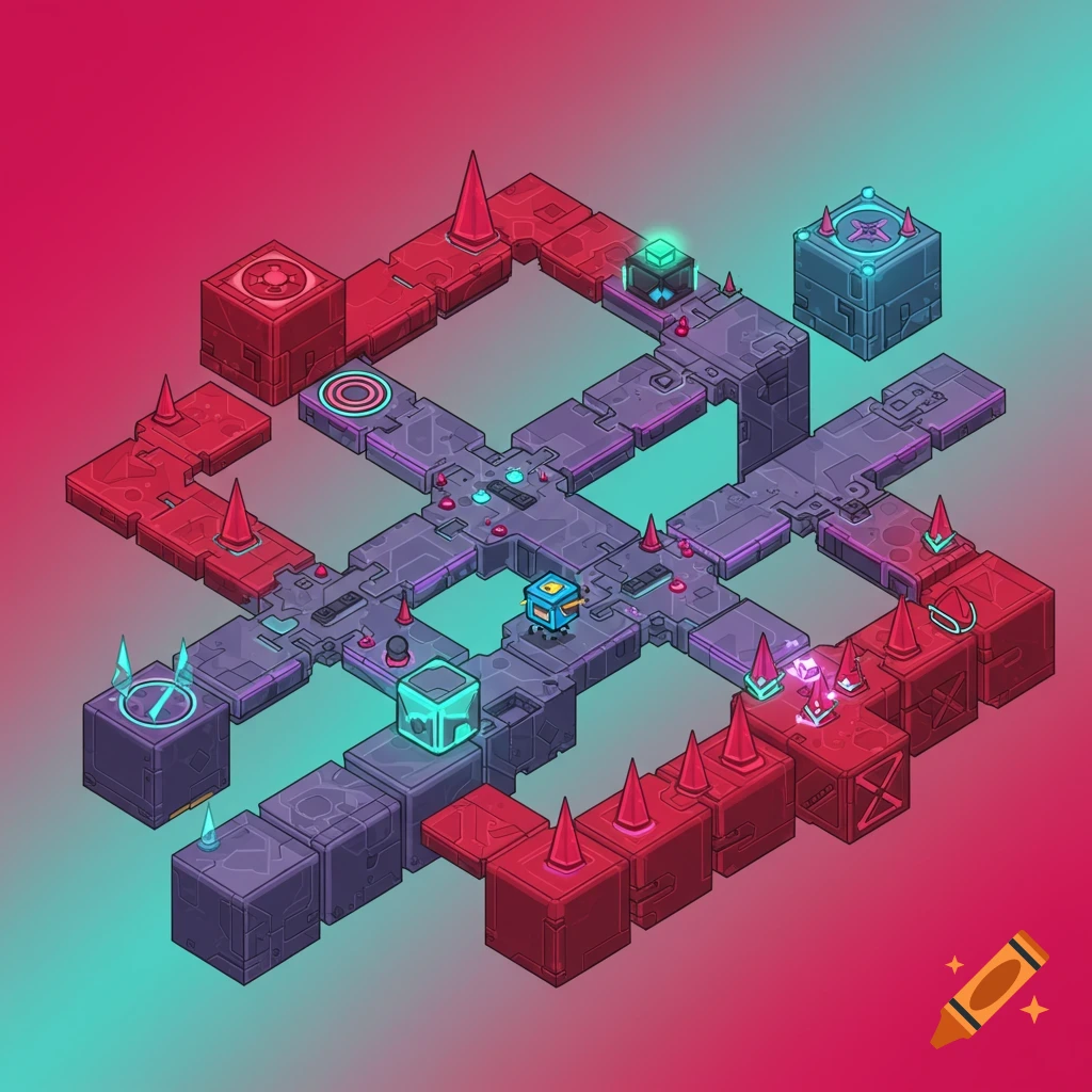 An isometric video game level with purple and red blocks, spikes, glowing elements, and a small blue robot character on a pink and teal gradient background.
