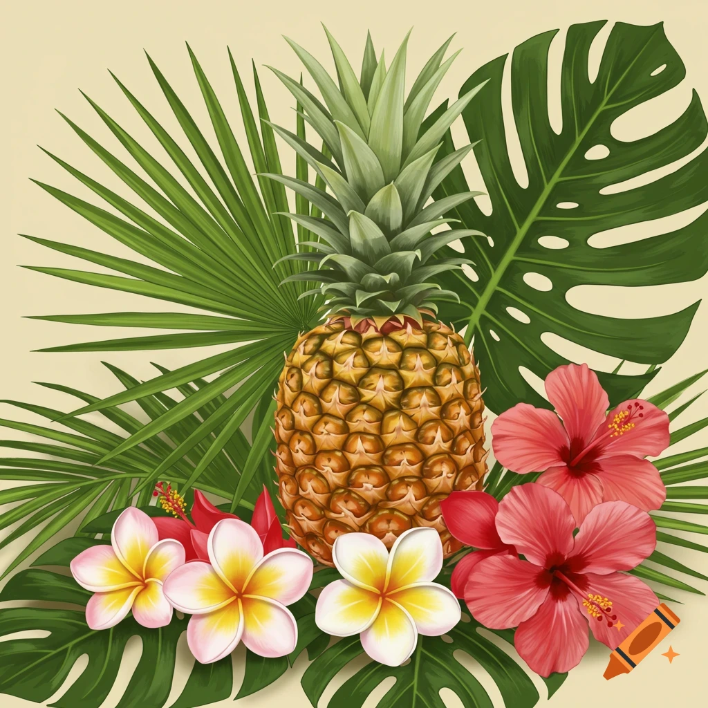 Illustrative depiction of a pineapple surrounded by green palm and monstera leaves, with pink hibiscus and white plumeria flowers.