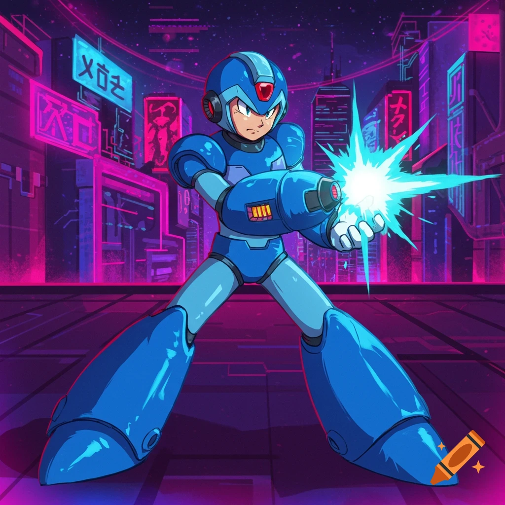 Mega Man X in a blue suit fires an energy blast in a neon-lit cyberpunk city.