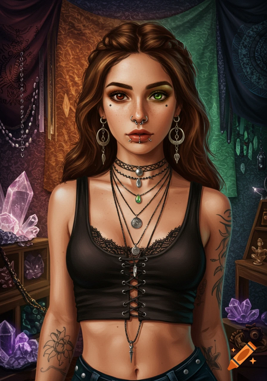 A hyper-realistic digital portrait of a young woman with brown and green eyes, piercings, and layered necklaces, surrounded by crystals and tapestries.