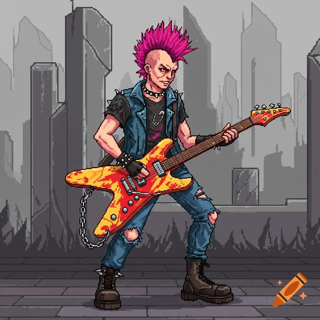 A vibrant pixel art illustration of a punk rocker with a pink mohawk, wearing a denim vest and ripped jeans, playing a flaming yellow star-shaped guitar in an urban setting.