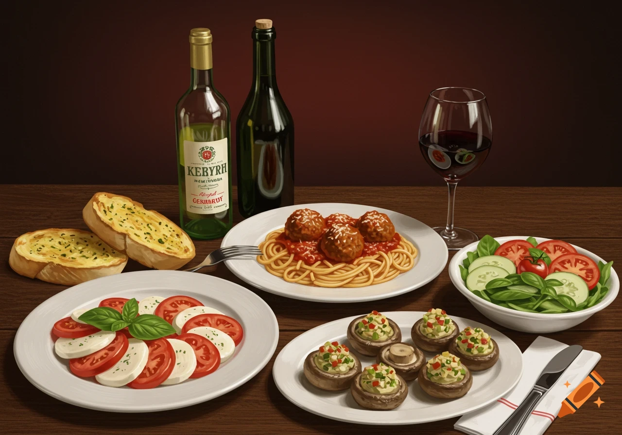 A photorealistic still life of an Italian dinner featuring spaghetti and meatballs, garlic bread, caprese salad, stuffed mushrooms, and red wine.