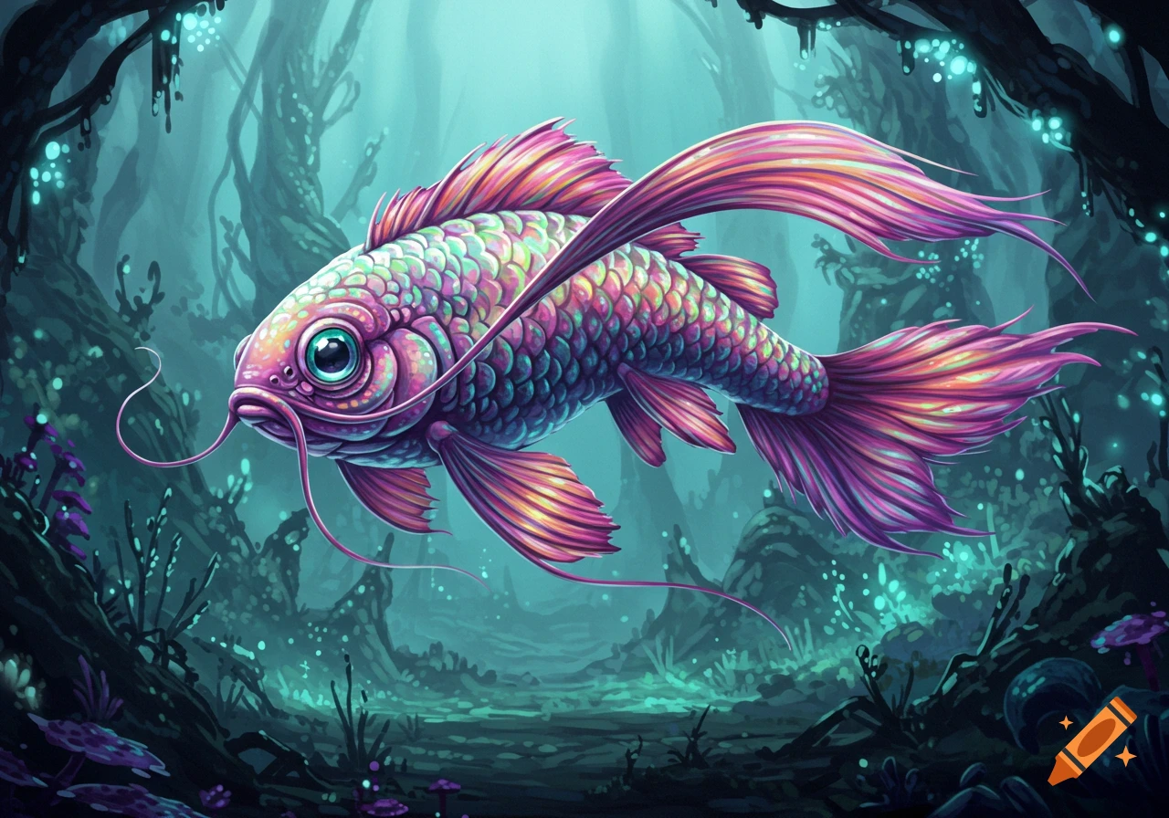 A vibrant, fantastical fish with flowing fins and barbels swims through an ethereal, glowing underwater forest in an illustrative style.