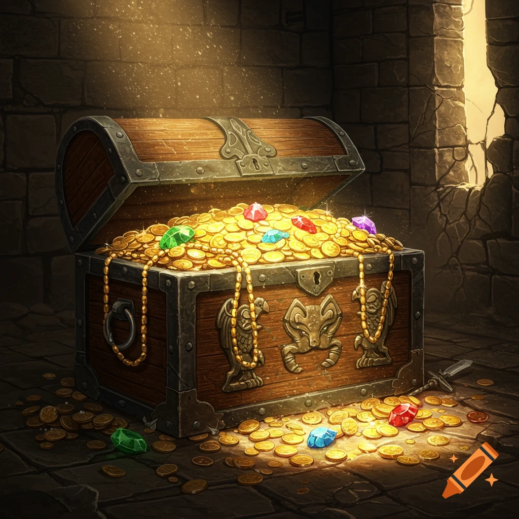 An open wooden treasure chest overflows with gold coins and colorful gems in a stone dungeon, lit by a ray of light.