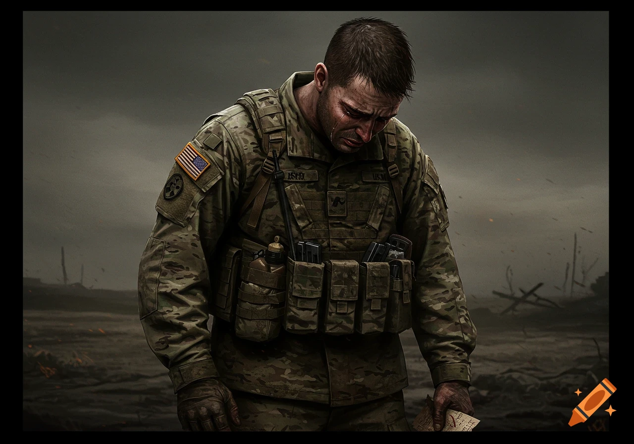 A male soldier in camouflage uniform with an American flag patch, crying and looking down sadly while holding a piece of paper, against a dark, desolate background.