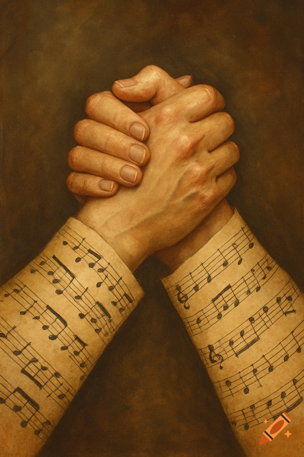 A painterly image of two clasped hands, with the sleeves of their arms depicted as ancient sheet music filled with notes.