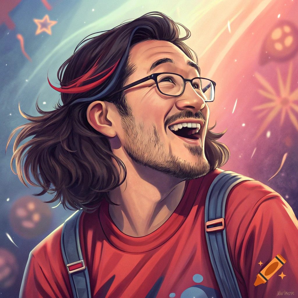A smiling man with long dark hair, red and blue streaks, and glasses, wearing a red shirt and overalls, looking up joyfully against a colorful background with stars and lights.