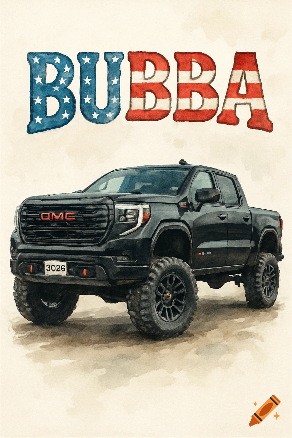 Watercolor illustration of a black lifted GMC pickup truck with the word 'BUBBA' in an American flag-themed font above it.