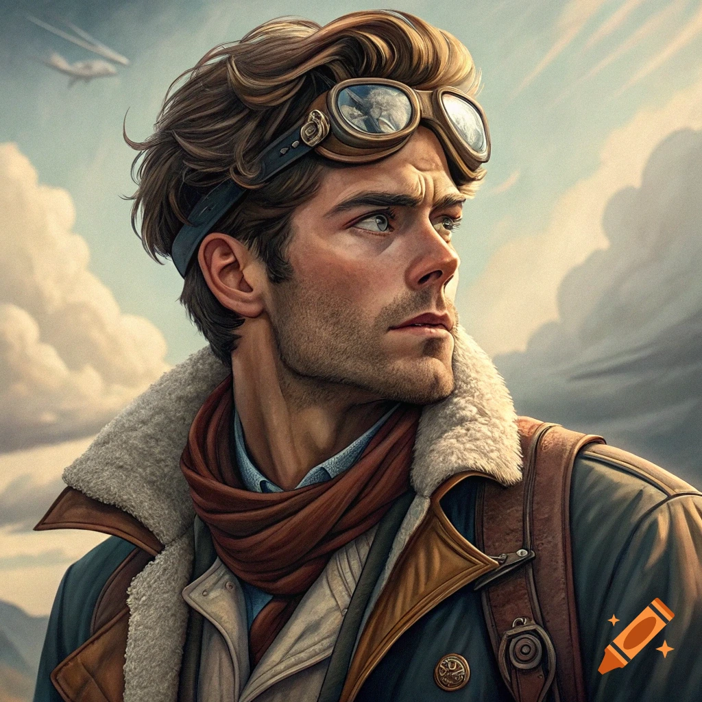 A man in vintage pilot attire, with goggles on his head and a scarf, looks intensely to the right. A biplane is visible in the cloudy sky behind him.