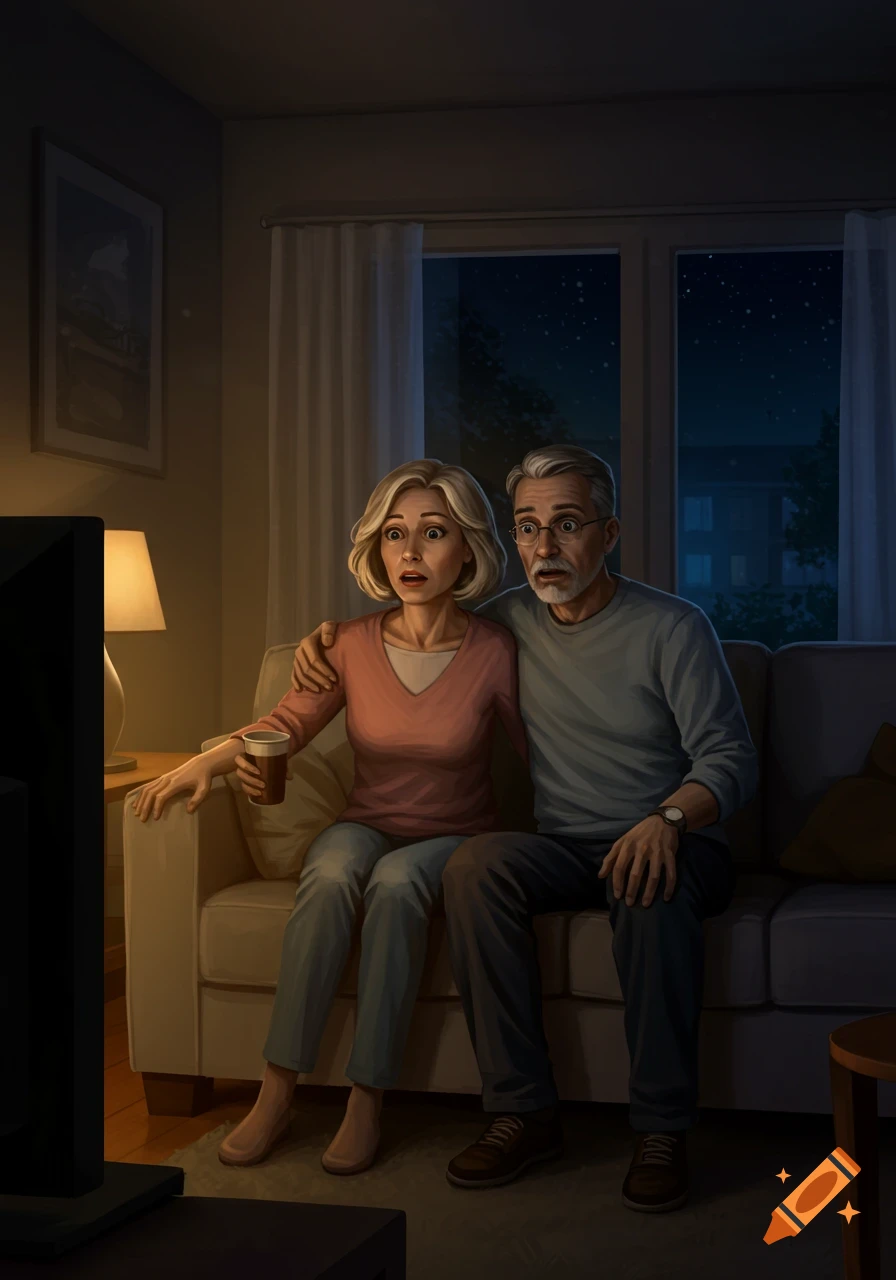 An elderly couple with shocked expressions watches TV in a dark living room.