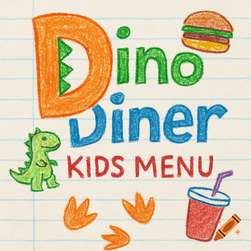 A colorful crayon-drawn kids' menu on notebook paper titled "Dino Diner KIDS MENU" with a cartoon dinosaur, burger, soda, and footprints.