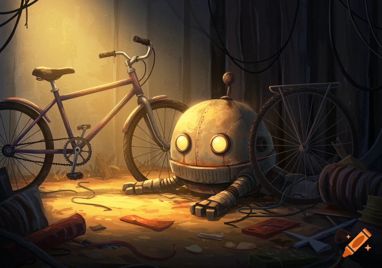 A rusty, round-headed robot with glowing eyes lies in a cluttered junkyard next to a bicycle, in a cartoon illustration style.