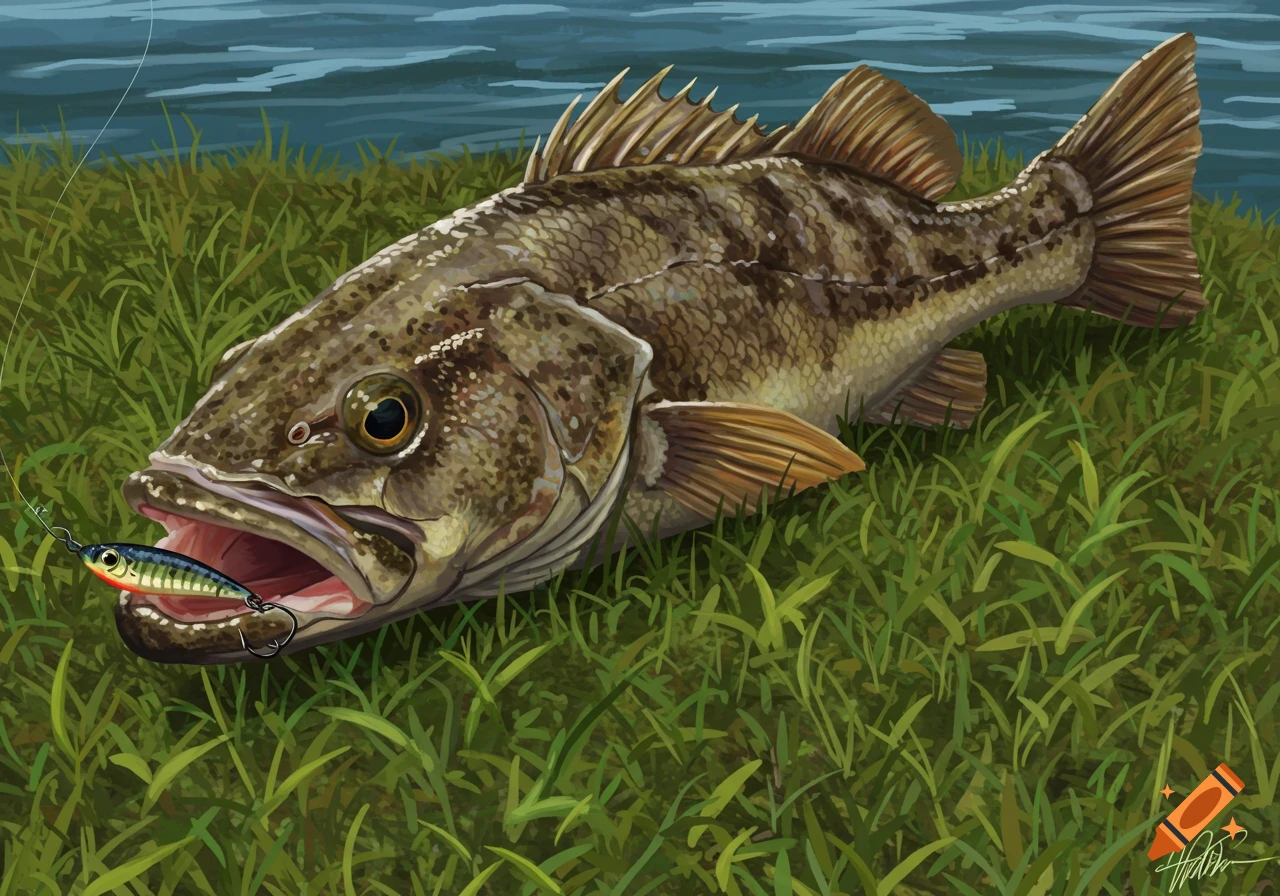 An illustrated flathead fish lies on green grass with a fishing lure hooked in its open mouth, with blue water in the background.