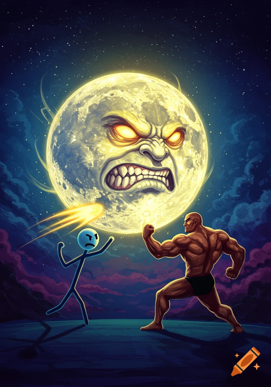 A stylized full moon with an angry face looks down on a stickman and a muscular man who are facing each other, ready to fight, under a starry night sky with purple clouds.