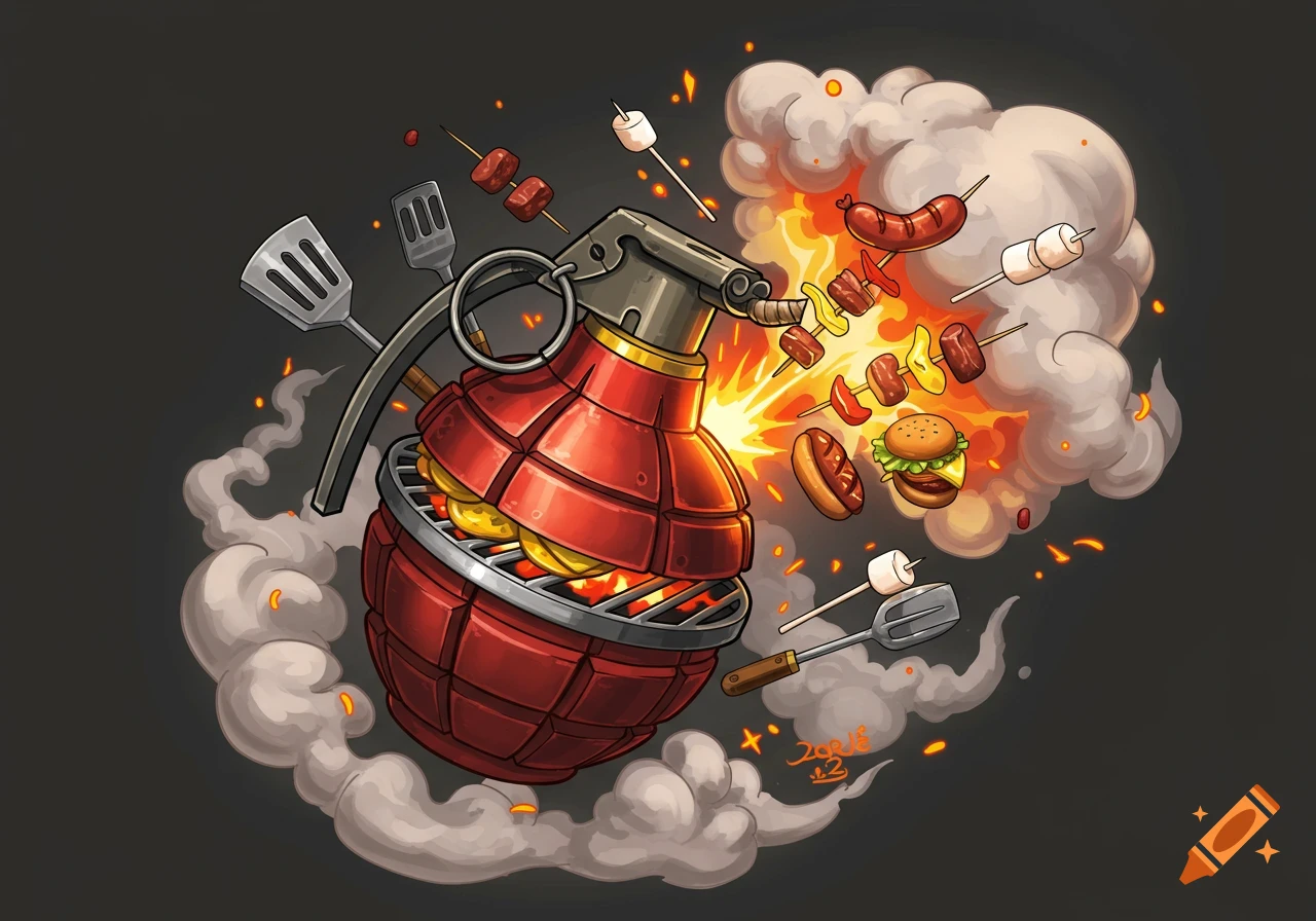 Cartoon illustration of a grenade acting as a barbecue grill, cooking meat, marshmallows, and a burger amidst smoke.