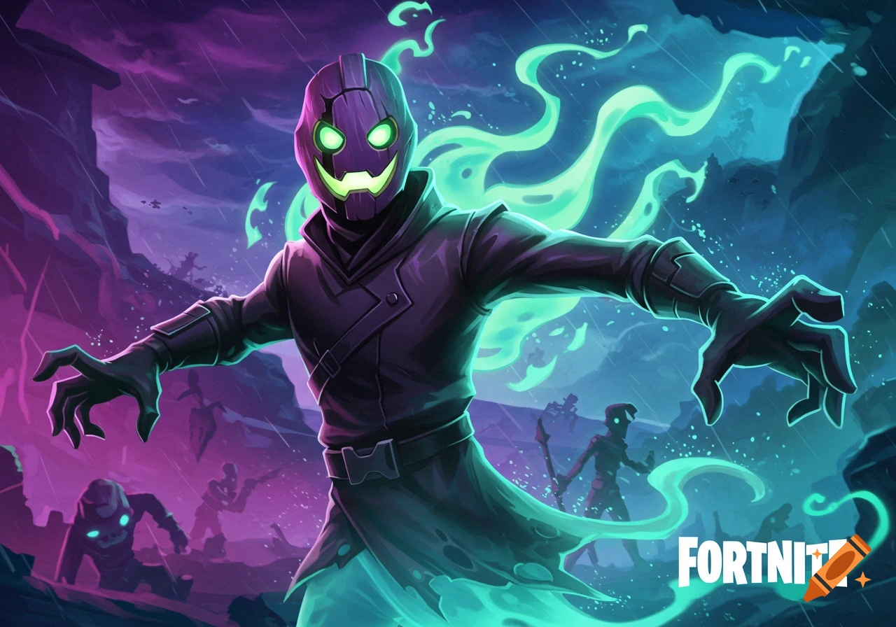 A purple phantom character with glowing green eyes and mouth, surrounded by green mist, in a stormy landscape with shadowy figures in a stylized video game art style.