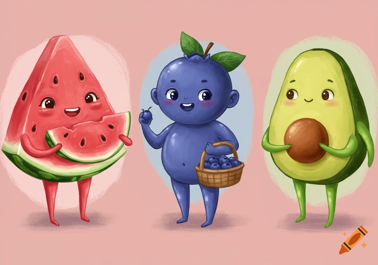 Three happy anthropomorphic fruits: a watermelon holding a slice, a blueberry with a basket, and an avocado holding its pit, in a cute illustration style.