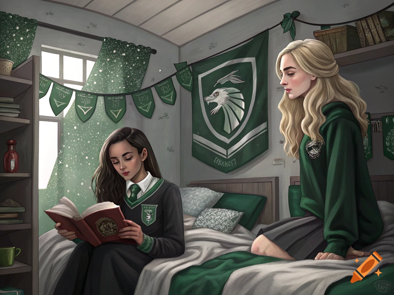 Two girls in a green-themed Slytherin dorm room, one reading a book, the other sitting on a bed. Illustrated style.
