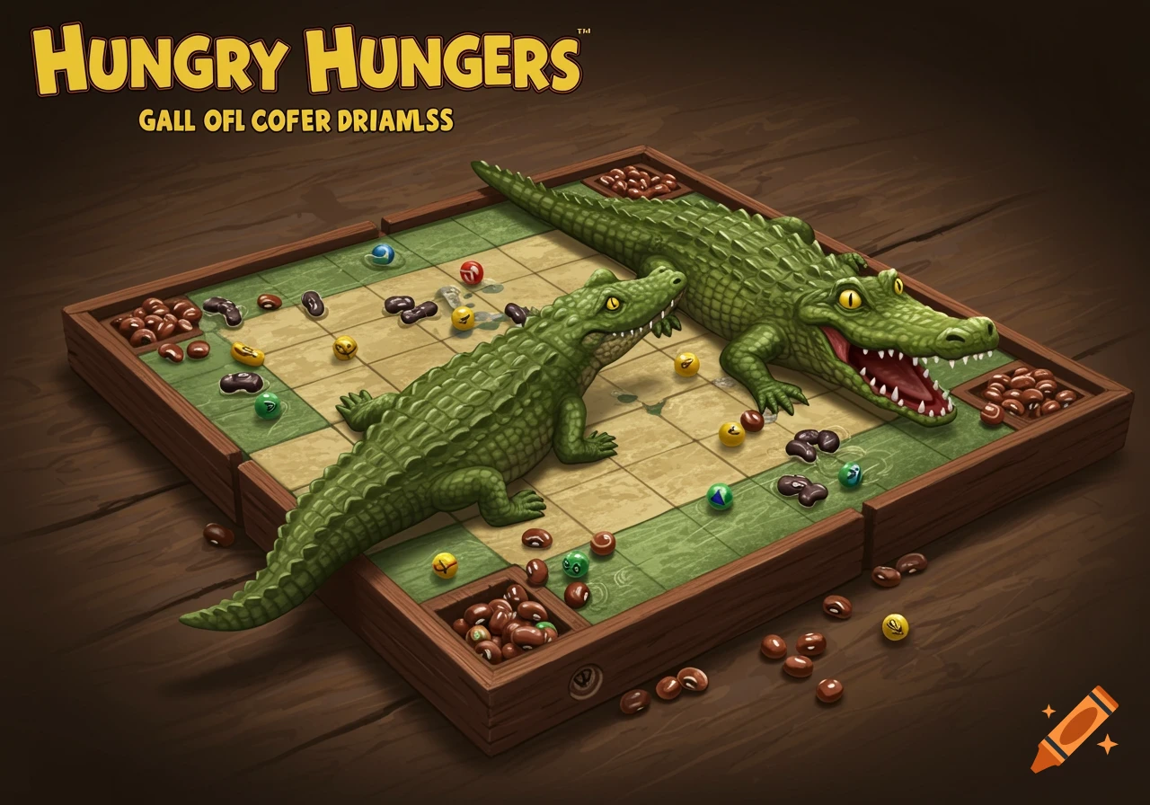 Two green alligators on a wooden board game with game pieces resembling beans and colored spheres, on a wooden table.