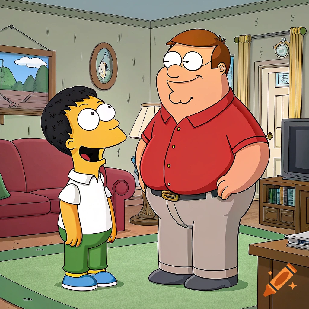 Peter Griffin standing next to a Bart Simpson-like character with black hair and large eyes in a cartoon living room.