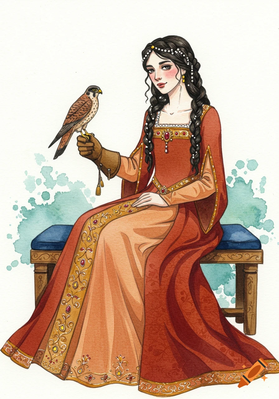 A watercolor illustration of a medieval princess with a falcon on her gloved hand, sitting on a wooden bench.